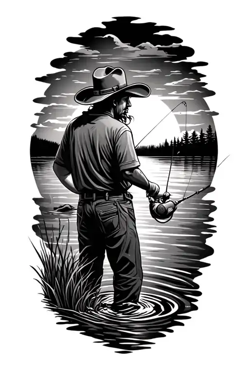 Nature And Someone Fishing In The Back With Cowboy Hat With Sunset