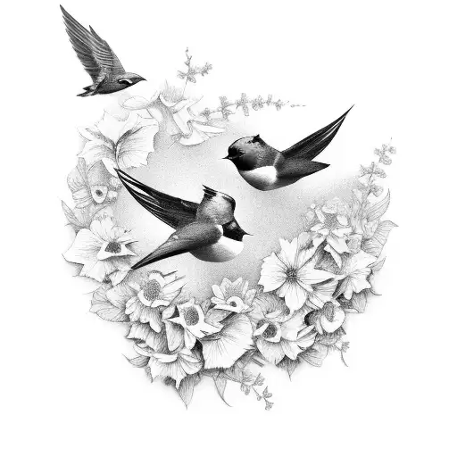 Two Swallow Birds With Pretty Creeper Flowers All Round