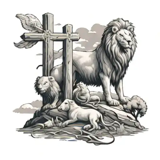 3 Crosses On A Hill With A Lion And Lamb At The Foot Of The Middle Cross