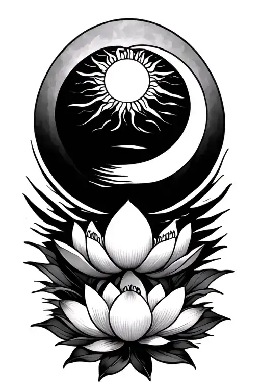 Lotus Flower With Sun And Moon Rising