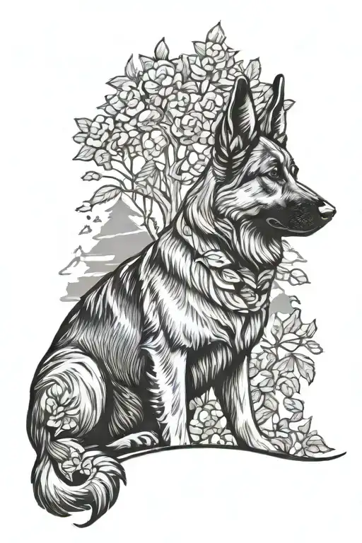 German Shepherd Dog Standing Looking Forward With Trees Mountains Flowers And Vines