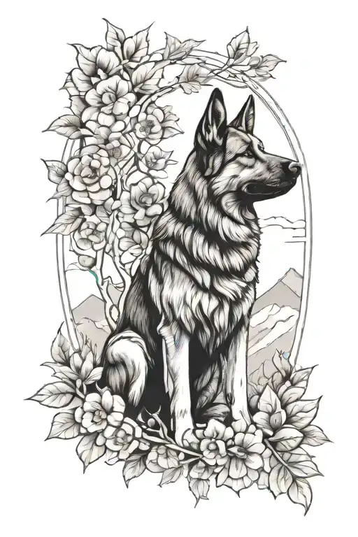 German Shepherd Dog Standing Up And Looking Forward With Trees Mountains Flowers And Vines