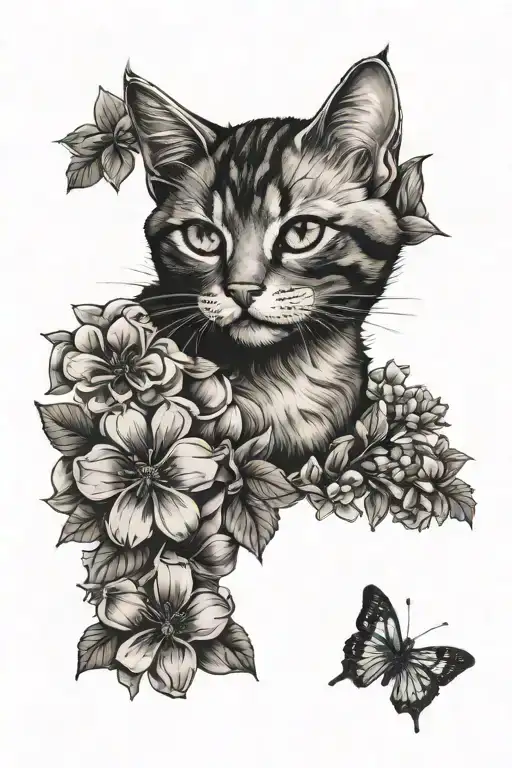 Shoulder Tattoo Of A Cat Paw And Lilac Flowers