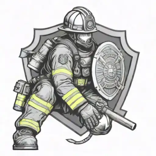 Firefighter Kneeling With The Shield Behind Him