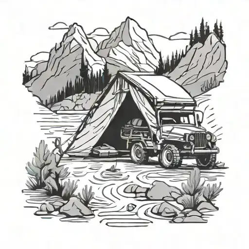 Mountain Tent River Fisherman And Jeep
