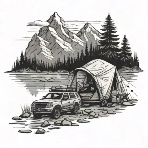 Mountain Tent River Fisherman And Suv