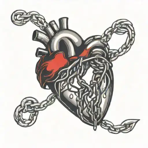 Minimalistic Red Outline Heart And Black Chains Surrounding It Tattoo On Forearm