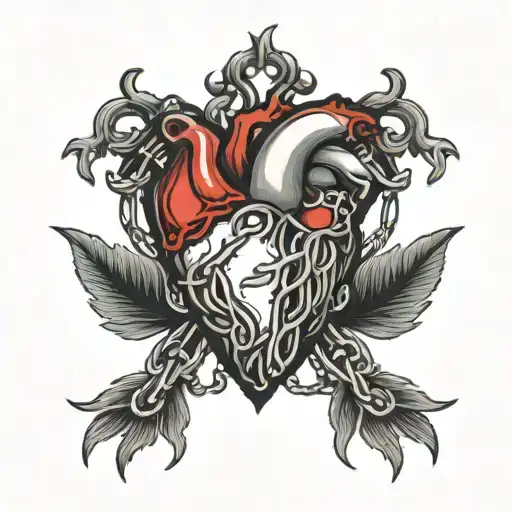 Red Outline Heart And Black Chains Surrounding It Tattoo On Forearm
