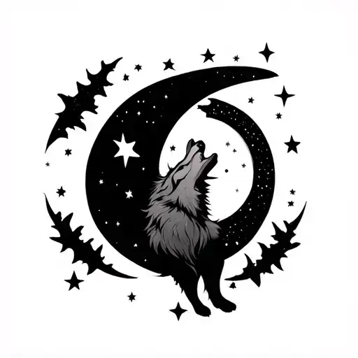 Half Moon With Stars And A Wolf Howling