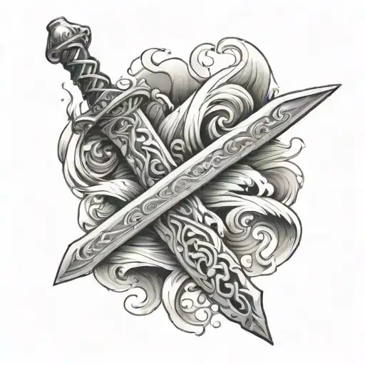 Realistic Sword Tattoo With Very Realistic Waves Wrapped Around It