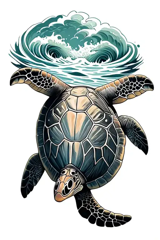 Sea Turtle Surrounded With Sea Waves