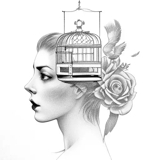 A Woman's Head In A Vintage Bird Cage