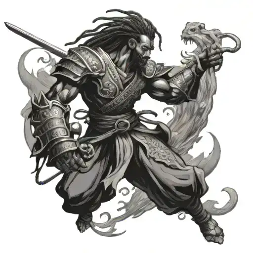 Black Samurai With Dreadlocks Battling A Dragon