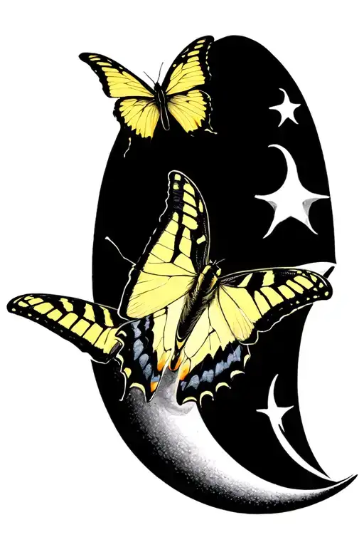 Yellow Swallowtail Butterfly With A Northern Crescent Butterfly Flying Up To A Crescent Moon