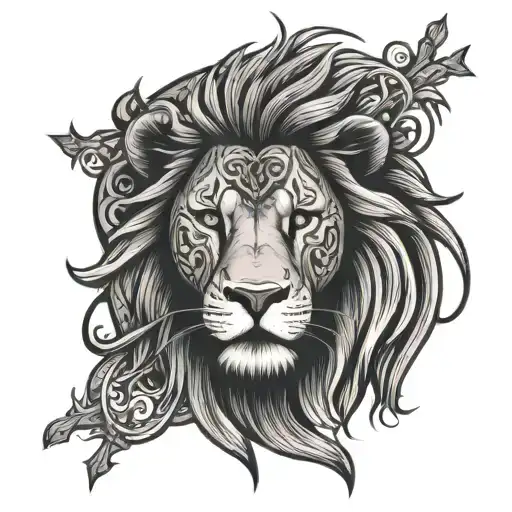 Lion With A Cross Intertwined In Eye Surrounded By Tribal Tatoo
