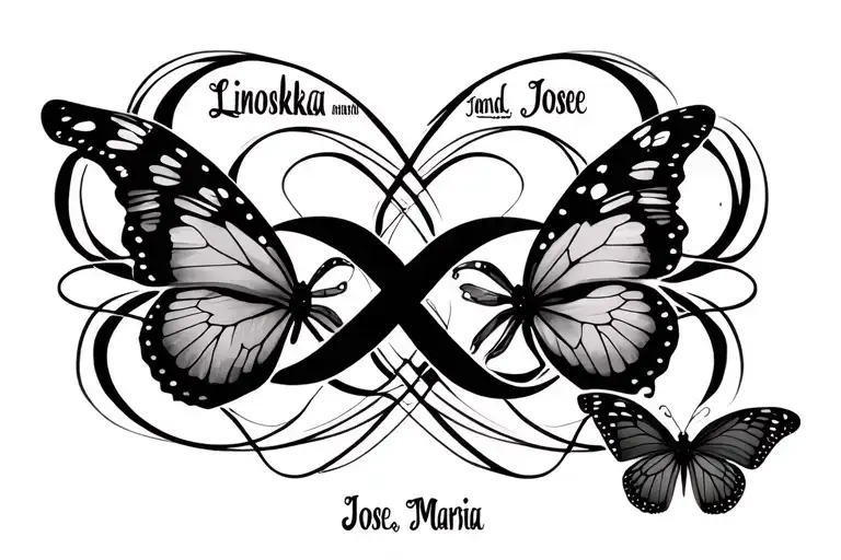 Infinity Symbol With The Names Linoshka Jose And Maria In The Lines With Butterflies
