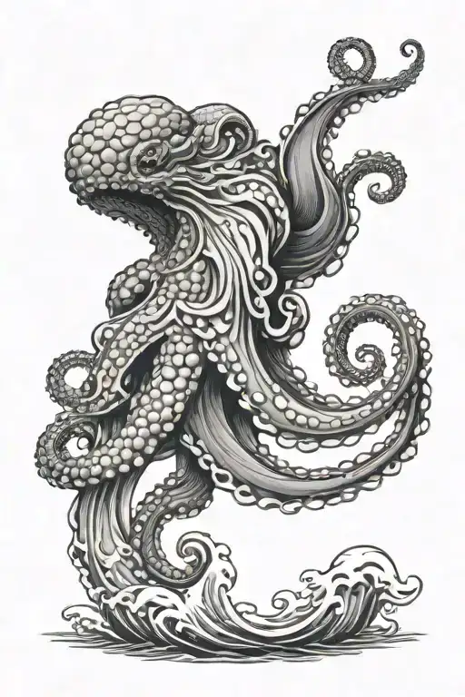 Waves And Octopus Emerging From The Depths Going