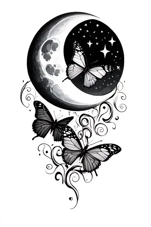 Two Butterflies Flying Up To A Crescent Moon With Swirls Of Stars