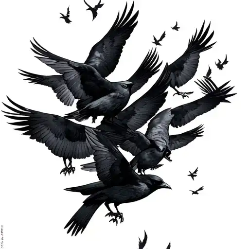 Flock Of Crow Birds Going Up The Front Of The Leg With The Naruto Itachi Charact