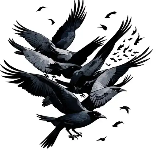 Flock Of Crow Birds Going Up The Front Of The Leg With The Naruto Itachi Character Eyes