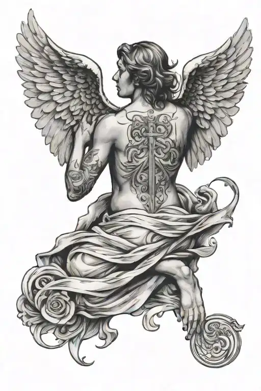 The Back Of A Falling Angel Holding Symbols Representing The Client's