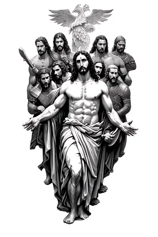 Jesus Surounded By Different Famous Warriors All Bowing To Him