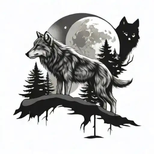 Wolf On A Moon In The Woods