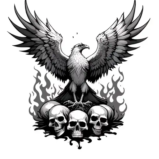 Phoenix Bird Rising From The Flames With The Bed Of Skulls Under The Fire