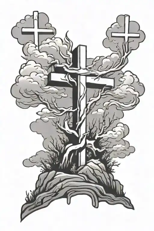 Paint Stroke 3 Crosses On Hill Surrounded By Dark Clouds