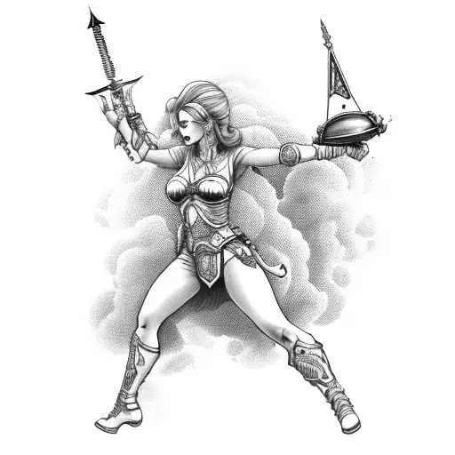 Woman In Clouds Holding Libra In One Hand And Sword In Another