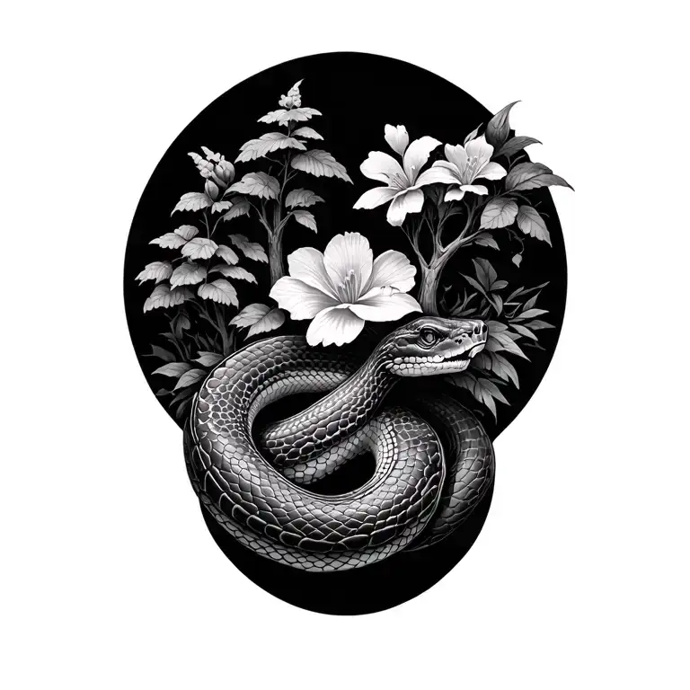 Realistic Snake With Trees And Flowers