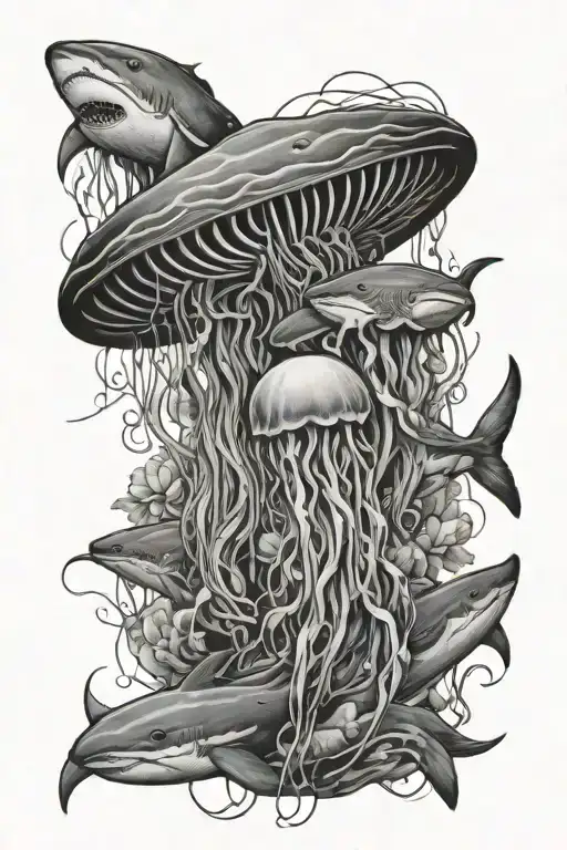 Jellyfish And Shark Swimming Gracefully