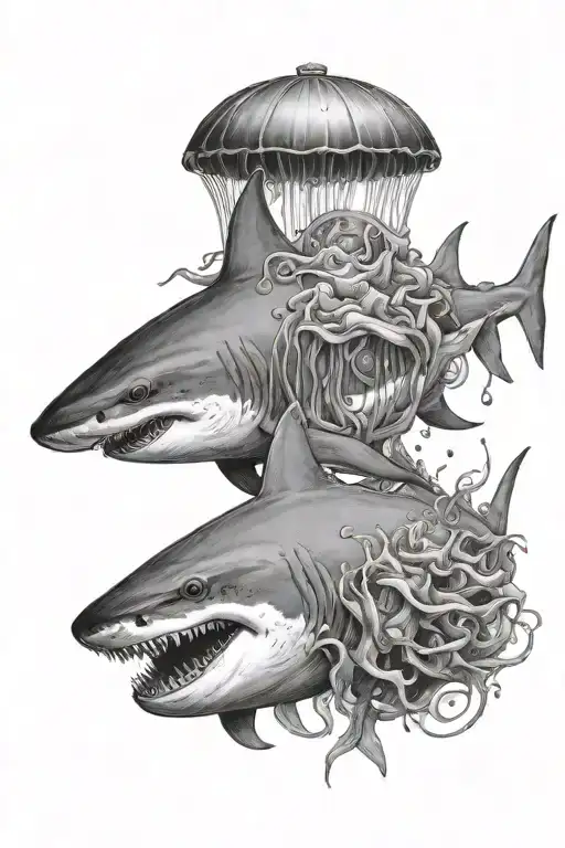 Calm Shark And Jellyfish Gracefully Swimming