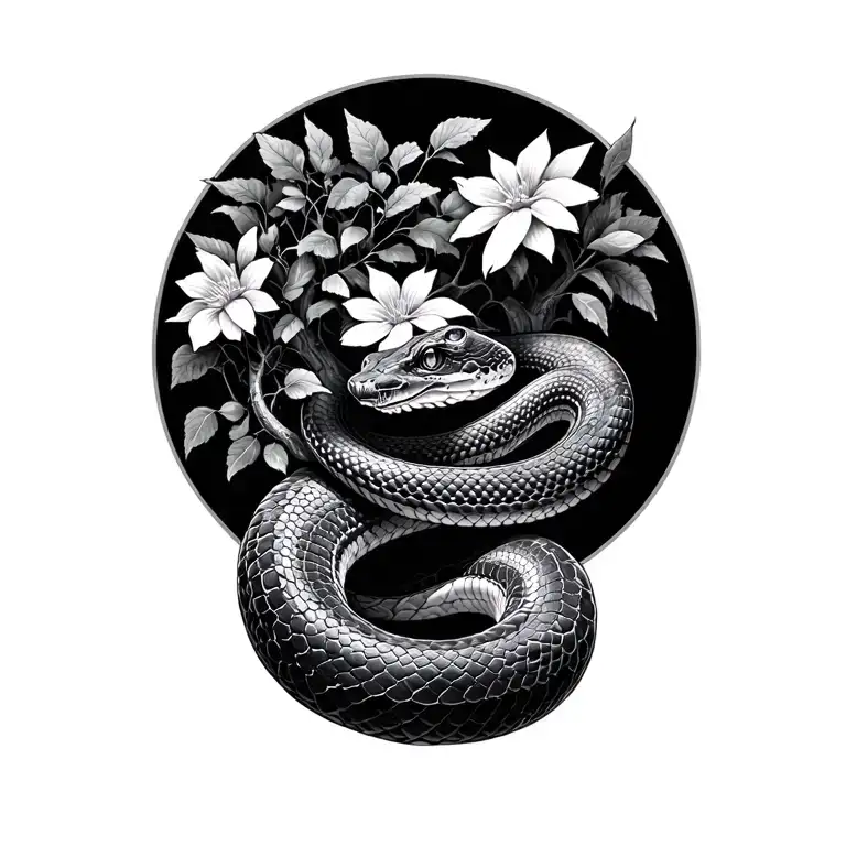 Realistic Snake With Trees And Flowers
