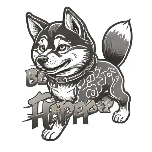 Cartoon Shiba Dog With Japanese Letters Saying Be Happy