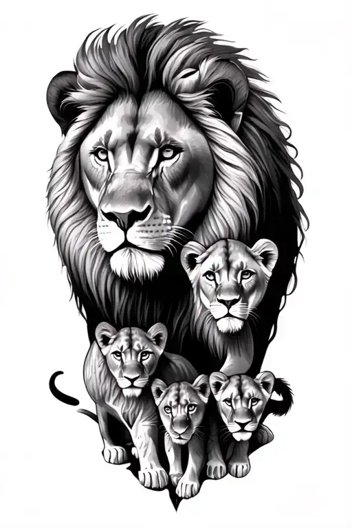 Lion And Lioness With 4 Cubs Surrounded