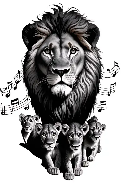 Lion And Lioness With 4 Cubs Surrounded My Music Notes