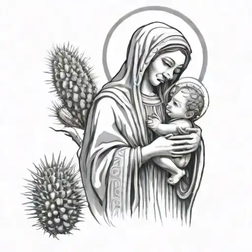 Virgin Mary Holding Baby Jesus Surrounded By Cactus