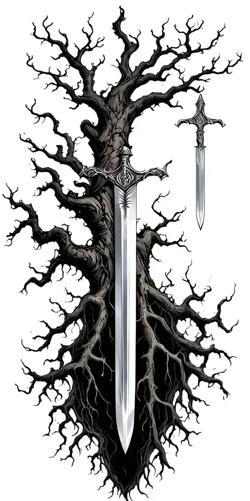 Tree With Sword In Roots Reaching Deep