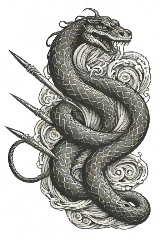 Snake With Harpoon Surrounded By Swirling Waves
