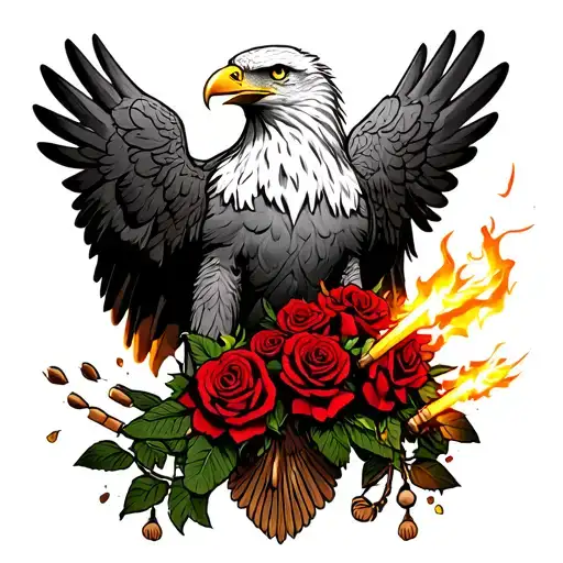 Half American Mexican Eagle Holding Red Roses And Fire Crackers