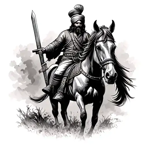 Sikh Warrior With Horse And Sword And Background Is Of Historical War On Forearm