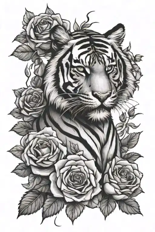 Tiger And Roses Intertwined
