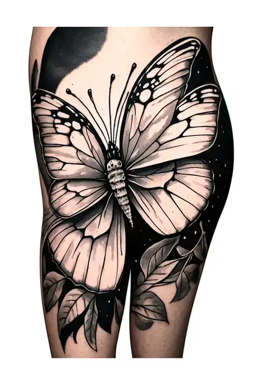 A Thigh Tattoo Has A Butter Fly
