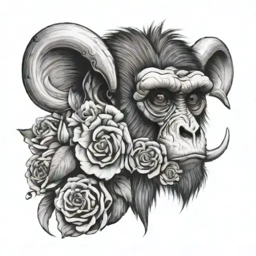 Monkey With Ram Skull With Flowers