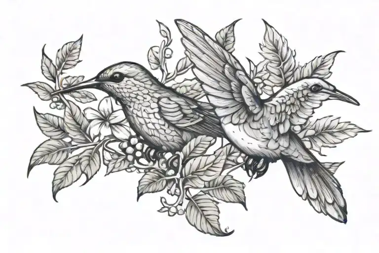 Hummingbird Carrying Laurel Leaves With Dove Carrying Ivy Vine