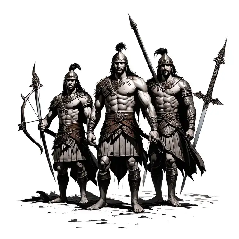 3 Gladiators Brothers In Colleseum Sword Bow And Arrow Spear