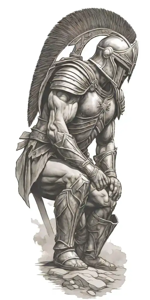 Spartan Warrior Kneeling On The Battlefield And Looking Up To The Sky