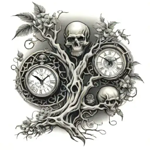 Tree Of Live Time Clock Skulls Rozes Tribel Full Sleeve