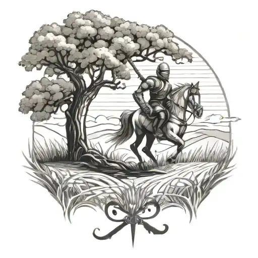 Grain Field With Oak Tree And Knight Holding Sword